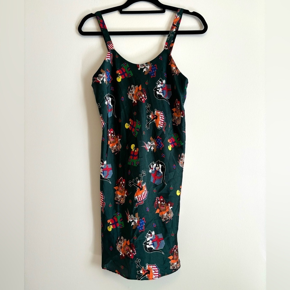 Vintage 90s Looney Tunes Christmas Green Satin Slip Nightgown Sylvester Bugs Taz
